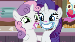 Size: 1280x720 | Tagged: safe, screencap, character:rarity, character:sweetie belle, episode:forever filly, g4, my little pony: friendship is magic, clown surprise, female, food, happy, ice cream, ice cream shop, plates, sisters, smiling