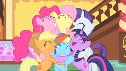 Size: 1280x720 | Tagged: safe, screencap, character:applejack, character:fluttershy, character:pinkie pie, character:rainbow dash, character:rarity, character:twilight sparkle, episode:the cutie mark chronicles, g4, my little pony: friendship is magic, column, group hug, happy, hug, mane six, smiling, stairs, sugarcube corner