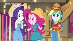 Size: 1280x720 | Tagged: safe, screencap, character:pinkie pie, character:rainbow dash, character:rarity, episode:five to nine, g4, my little pony:equestria girls, clothing, cowboy hat, cowgirl, cowgirl outfit, cute, dancing, dashabetes, diapinkes, farmer pinkie, hat, raribetes, smiling