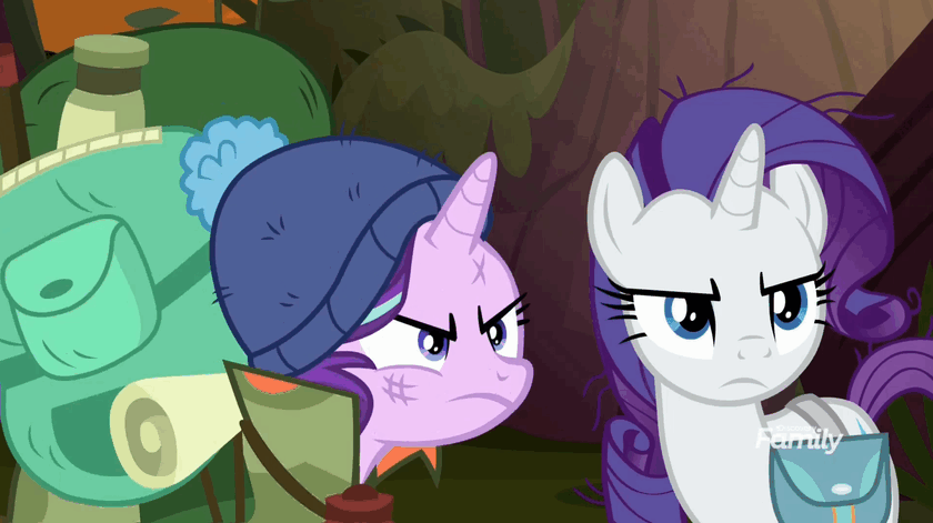 Size: 840x471 | Tagged: safe, screencap, character:rarity, character:starlight glimmer, species:pony, species:unicorn, episode:the mean 6, g4, my little pony: friendship is magic, animated, backpack, bag, camping outfit, clothing, cropped, crying, cute, dilated pupils, dirty, eye shimmer, female, floppy ears, frown, gasp, gif, glare, glimmerbetes, hat, lamp, lantern, mare, messy mane, parka, pouting, raised hoof, sad, sadlight glimmer, sadorable, teary eyes, tuque, upset, wavy mouth, wide eyes