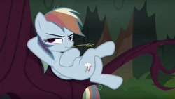 Size: 1587x896 | Tagged: safe, screencap, character:mean rainbow dash, character:rainbow dash, episode:the mean 6, g4, my little pony: friendship is magic, clone, crossed legs, evil rainbow dash, frown, lidded eyes, scrunchy face, solo, straw in mouth, tree, tree branch, upside down cutie mark