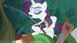 Size: 1280x720 | Tagged: safe, screencap, character:mean rarity, episode:the mean 6, g4, my little pony: friendship is magic, clone, fishing rod, lantern, saw, sword, telescope, tree, weapon
