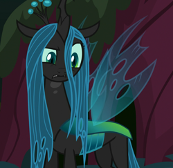 Size: 1112x1080 | Tagged: safe, screencap, character:queen chrysalis, species:changeling, episode:the mean 6, g4, my little pony: friendship is magic, annoyed, changeling queen, cropped, everfree forest, female, forest, former queen chrysalis, gritted teeth, raised eyebrow, solo