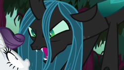 Size: 1280x720 | Tagged: safe, screencap, character:mean rarity, character:queen chrysalis, species:changeling, episode:the mean 6, g4, my little pony: friendship is magic, angry, changeling queen, clone, demands, everfree forest, fangs, female, forest, former queen chrysalis, leaning forward, yelling