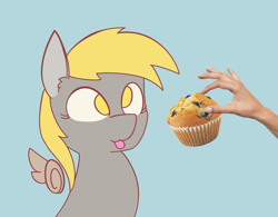 Size: 4000x3112 | Tagged: safe, artist:niteax, character:derpy hooves, species:human, blep, cute, feeding, female, floating wings, food, hand, muffin, silly, solo, tongue out