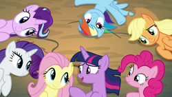 Size: 1280x720 | Tagged: safe, screencap, character:applejack, character:fluttershy, character:pinkie pie, character:rainbow dash, character:rarity, character:spike, character:starlight glimmer, character:twilight sparkle, character:twilight sparkle (alicorn), species:alicorn, species:earth pony, species:pegasus, species:pony, species:unicorn, episode:the mean 6, g4, my little pony: friendship is magic, alternate mane seven, applejack's hat, clothing, cowboy hat, cute, female, ground, hat, looking at each other, lying down, mane seven, mane six, mare, on back, smiling