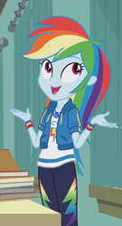 Size: 382x708 | Tagged: safe, screencap, character:rainbow dash, episode:the last day of school, g4, my little pony:equestria girls, clothing, cropped, female, geode of super speed, jacket, magical geodes, pants, smiling