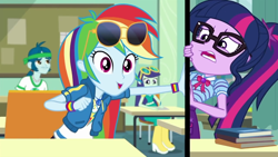 Size: 1280x720 | Tagged: safe, screencap, character:blueberry cake, character:captain planet, character:rainbow dash, character:twilight sparkle, character:twilight sparkle (scitwi), species:eqg human, episode:the last day of school, g4, my little pony:equestria girls, background human, blueberry cake, breaking the fourth wall, fourth wall, geode of super speed, geode of telekinesis, magical geodes