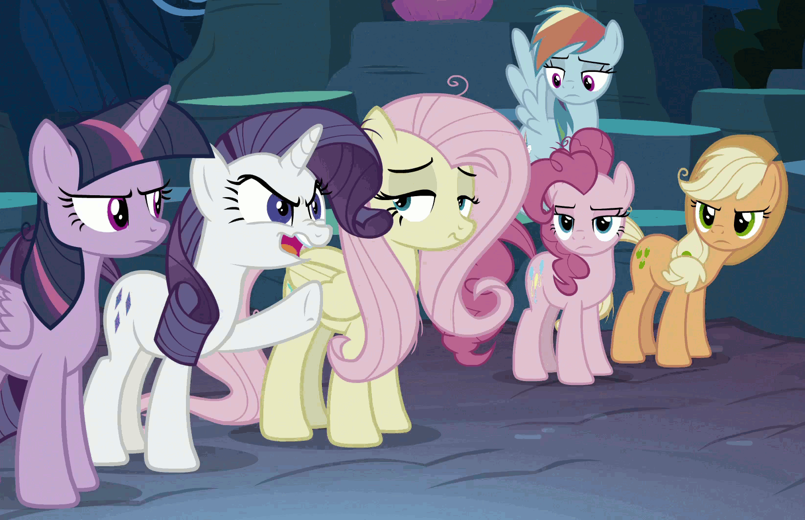 Size: 1645x1063 | Tagged: safe, screencap, character:fluttershy, character:mean applejack, character:mean fluttershy, character:mean pinkie pie, character:mean rainbow dash, character:mean rarity, character:mean twilight sparkle, character:rainbow dash, species:alicorn, species:pony, episode:the mean 6, g4, my little pony: friendship is magic, animated, catfight, clone, clone six, flutterbitch, tripping