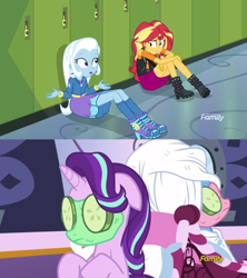 Size: 1276x1436 | Tagged: safe, screencap, character:starlight glimmer, character:sunset shimmer, character:trixie, episode:no second prances, equestria girls:forgotten friendship, g4, my little pony: friendship is magic, my little pony:equestria girls, cucumber, discovery family logo, food, mud mask, ponyville spa, sitting, spa, towels