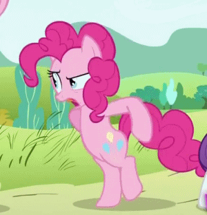 Size: 300x311 | Tagged: safe, screencap, character:pinkie pie, character:rarity, species:earth pony, species:pony, species:unicorn, episode:putting your hoof down, g4, my little pony: friendship is magic, angry, animated, balancing, bipedal, female, frown, gif, glare, gritted teeth, mare, open mouth, raised eyebrow, sassy, solo focus, talking