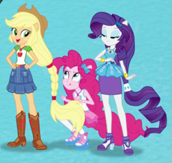 Size: 543x514 | Tagged: safe, screencap, character:applejack, character:pinkie pie, character:rarity, my little pony:equestria girls, cropped, cute, grin, happy, intro, ponied up, smiling