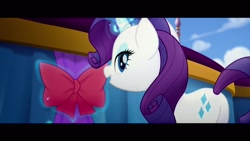 Size: 1920x1080 | Tagged: safe, screencap, character:rarity, species:pony, species:unicorn, my little pony: the movie (2017), female, glowing horn, horn, lidded eyes, looking back, magic, mare, open mouth, plot, rearity, smiling, solo, telekinesis