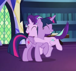 Size: 1068x1001 | Tagged: safe, screencap, character:starlight glimmer, character:twilight sparkle, character:twilight sparkle (alicorn), species:alicorn, species:pony, species:unicorn, episode:uncommon bond, g4, my little pony: friendship is magic, cropped, duo, duo female, female, hug, smiling, teacher and student