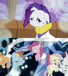 Size: 1280x1440 | Tagged: safe, screencap, character:fluttershy, character:mean applejack, character:mean fluttershy, character:mean pinkie pie, character:mean rainbow dash, character:mean rarity, character:rainbow dash, character:rarity, character:tree of harmony, episode:applejack's day off, episode:the mean 6, g4, my little pony: friendship is magic, clone, clothing, comparison, melting, ponyville spa, prunity, pruny, robe, steam room, tree of harmony, you know for kids, you ruined everything