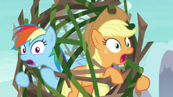 Size: 1920x1080 | Tagged: safe, screencap, character:applejack, character:rainbow dash, species:earth pony, species:pegasus, species:pony, episode:non-compete clause, g4, my little pony: friendship is magic, branches, duo, female, gritted teeth, mare, tied up, trapped, vine