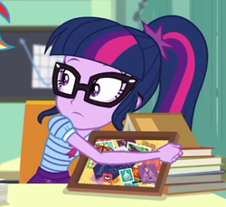 Size: 445x407 | Tagged: safe, screencap, character:twilight sparkle, character:twilight sparkle (scitwi), species:eqg human, episode:the last day of school, g4, my little pony:equestria girls, book, cropped, female, glasses, solo