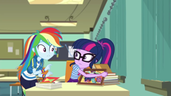 Size: 1280x720 | Tagged: safe, screencap, character:rainbow dash, character:twilight sparkle, character:twilight sparkle (scitwi), species:eqg human, episode:the last day of school, g4, my little pony:equestria girls, book, female, glasses
