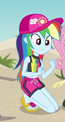 Size: 293x546 | Tagged: safe, screencap, character:rainbow dash, my little pony:equestria girls, aww... baby turtles, cap, clothing, cropped, feet, female, flip-flops, geode of super speed, hat, heel pop, magical geodes, sandals, swimsuit