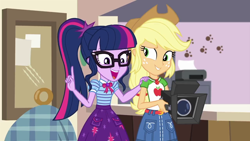 Size: 1280x720 | Tagged: safe, screencap, character:applejack, character:twilight sparkle, character:twilight sparkle (scitwi), species:eqg human, episode:outtakes, g4, my little pony:equestria girls, animal shelter, camera, duo, geode of super strength, geode of telekinesis