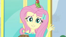 Size: 1280x720 | Tagged: safe, screencap, character:fluttershy, species:bird, species:parrot, episode:outtakes, g4, my little pony:equestria girls, cute, lovebird, shyabetes, solo, waving