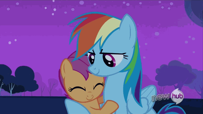 Size: 672x378 | Tagged: safe, screencap, character:rainbow dash, character:scootaloo, species:pegasus, species:pony, episode:sleepless in ponyville, g4, my little pony: friendship is magic, animated, hub logo, hug, scootalove, winghug