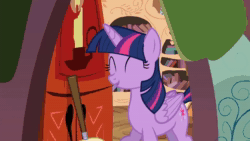 Size: 1920x1080 | Tagged: safe, screencap, character:twilight sparkle, character:twilight sparkle (alicorn), species:alicorn, species:pony, episode:twilight time, g4, my little pony: friendship is magic, animated, broom, cute, female, giggling, golden oaks library, happy, library, loop, mare, solo, sound, twiabetes, webm