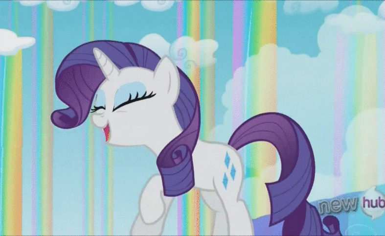 Size: 787x482 | Tagged: safe, screencap, character:rarity, episode:sleepless in ponyville, g4, my little pony: friendship is magic, animated, cute, hoofy-kicks, hub logo, rainbow waterfall, solo, winsome falls