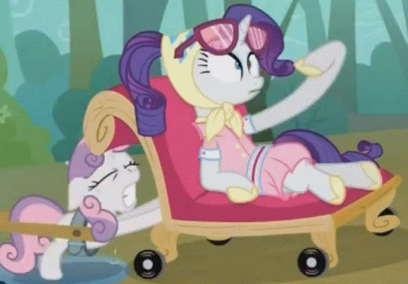 Size: 579x404 | Tagged: safe, screencap, character:rarity, character:sweetie belle, episode:sleepless in ponyville, g4, my little pony: friendship is magic, animated, camping outfit, child labor, duo, glasses, harness, sweat, sweetiebuse, wagon
