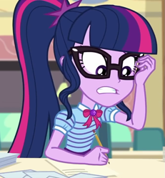 Size: 665x719 | Tagged: safe, screencap, character:twilight sparkle, character:twilight sparkle (scitwi), species:eqg human, episode:the last day of school, g4, my little pony:equestria girls, cropped, female, geode of telekinesis, glasses, nervous, pencil, solo