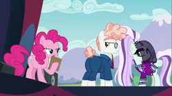 Size: 1366x767 | Tagged: safe, screencap, character:coloratura, character:countess coloratura, character:pinkie pie, character:svengallop, episode:the mane attraction, g4, my little pony: friendship is magic, annoyed, bedroom eyes, clipboard, clothing, out of context, plot