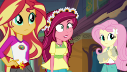 Size: 1920x1080 | Tagged: safe, screencap, character:fluttershy, character:gloriosa daisy, character:sunset shimmer, equestria girls:legend of everfree, g4, my little pony:equestria girls, eye twitch, floral head wreath, flower