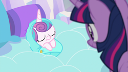 Size: 1920x1080 | Tagged: safe, screencap, character:princess flurry heart, character:twilight sparkle, character:twilight sparkle (alicorn), species:alicorn, species:pony, episode:the crystalling, g4, my little pony: friendship is magic, baby, baby blanket, baby pony, bed, blanket, crystal empire, cute, dawwww, newborn, pillow, safety pin, sleeping, smiling, snuggled, swaddling