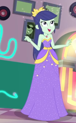 Size: 632x1024 | Tagged: safe, screencap, character:blueberry cake, episode:pinkie pie: snack psychic, g4, my little pony:equestria girls, background human, blueberry cake, clothing, cropped, dress, female, smiling, sparkles
