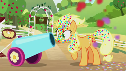 Size: 1280x720 | Tagged: safe, screencap, character:applejack, species:pony, episode:yakity-sax, g4, my little pony: friendship is magic, confetti, party cannon, silly, silly pony, sweet apple acres, who's a silly pony