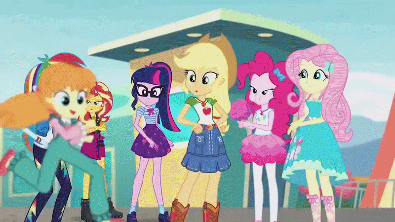 Size: 800x450 | Tagged: safe, screencap, character:applejack, character:fluttershy, character:ginger owlseye, character:megan williams, character:pinkie pie, character:rainbow dash, character:rarity, character:sunset shimmer, character:twilight sparkle, character:twilight sparkle (alicorn), character:twilight sparkle (scitwi), character:vignette valencia, species:alicorn, species:eqg human, species:pony, episode:yakity-sax, equestria girls:rollercoaster of friendship, g1, g4, my little pony: friendship is magic, my little pony:equestria girls, alizarin bubblegum, animated, applejack's hat, beauty mark, cellphone, clothing, cowboy hat, female, g1 to equestria girls, generation leap, geode of fauna, geode of shielding, geode of sugar bombs, geode of super speed, geode of super strength, hat, hot air balloon, magical geodes, me my selfie and i, phone, ponied up, scitwilicorn, selfie, smartphone, super ponied up, twinkling balloon, vignette valencia, yakyakistan