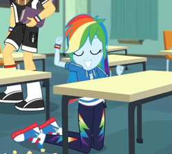 Size: 807x724 | Tagged: safe, screencap, character:rainbow dash, episode:the last day of school, g4, my little pony:equestria girls, cropped, eyes closed, female, geode of super speed, magical geodes, male, offscreen character, teddy t. touchdown