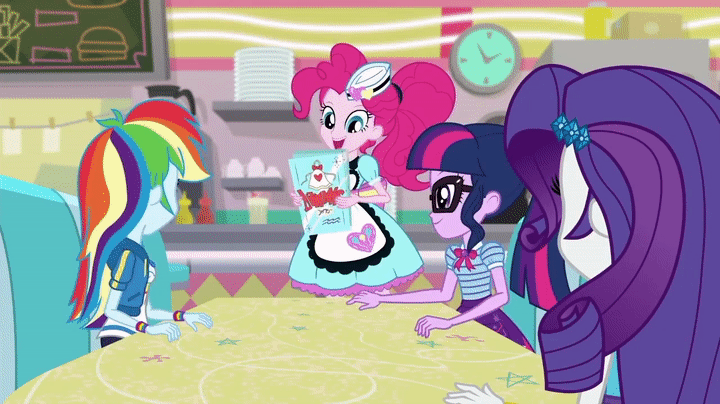 Size: 720x404 | Tagged: safe, screencap, character:rainbow dash, character:rarity, character:twilight sparkle, character:twilight sparkle (scitwi), species:eqg human, episode:pinkie pie: snack psychic, g4, my little pony:equestria girls, animated, cute, dashabetes, female, geode of super speed, geode of telekinesis, gif, good trick, magical geodes, ponytail, server pinkie pie, spinning