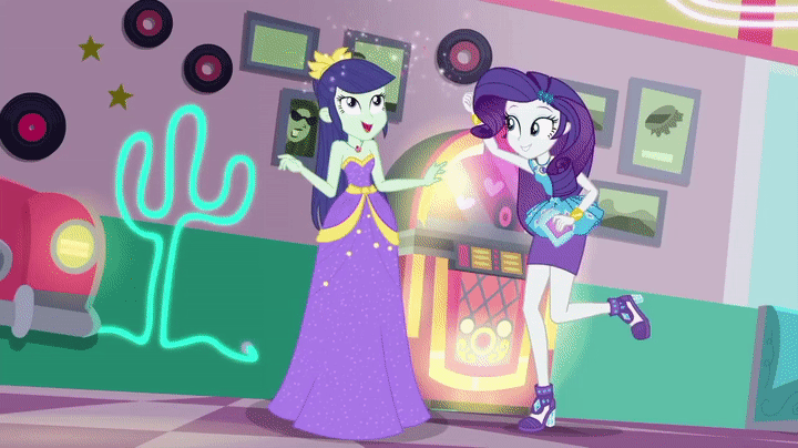 Size: 720x404 | Tagged: safe, screencap, character:blueberry cake, character:rarity, episode:pinkie pie: snack psychic, g4, my little pony:equestria girls, and then there's rarity, animated, background human, blueberry cake, clothing, dress, gif, sparkles, turnaround, turning