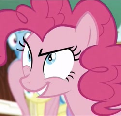Size: 663x634 | Tagged: safe, screencap, character:fluttershy, character:pinkie pie, character:rainbow dash, species:earth pony, species:pegasus, species:pony, >:d, blurry, cropped, evil grin, eye twitch, female, grin, mare, smiling, solo focus