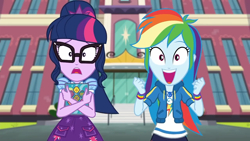 Size: 1920x1080 | Tagged: safe, screencap, character:rainbow dash, character:twilight sparkle, character:twilight sparkle (scitwi), species:eqg human, episode:the last day of school, g4, my little pony:equestria girls, female, geode of super speed, looking at you, magical geodes, shocked, smiling, varying degrees of want