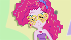 Size: 1280x720 | Tagged: safe, screencap, character:pinkie pie, episode:friendship through the ages, g4, my little pony:equestria girls, female, heart glasses, heart necklace, new wave pinkie, shutter shades, solo