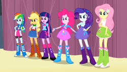 Size: 1920x1080 | Tagged: safe, screencap, character:applejack, character:fluttershy, character:pinkie pie, character:rainbow dash, character:rarity, character:twilight sparkle, equestria girls:equestria girls, g4, my little pony:equestria girls, clothing, cute, hand on hip, humane five, humane six, sextet, skirt