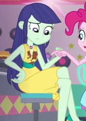 Size: 434x612 | Tagged: safe, screencap, character:blueberry cake, character:pinkie pie, episode:pinkie pie: snack psychic, g4, my little pony:equestria girls, blueberry cake, cropped, pointing