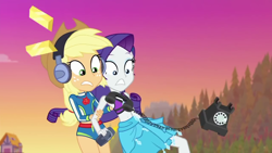 Size: 1280x720 | Tagged: safe, screencap, character:applejack, character:rarity, episode:lost and found, g4, my little pony:equestria girls, duo, gold bar, telephone