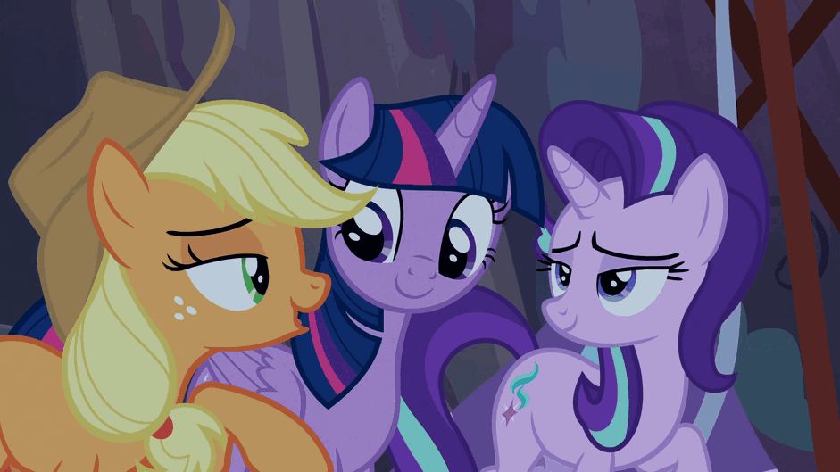 Size: 941x529 | Tagged: safe, screencap, character:applejack, character:starlight glimmer, character:twilight sparkle, character:twilight sparkle (alicorn), species:alicorn, species:earth pony, species:pony, species:unicorn, episode:the mean 6, g4, my little pony: friendship is magic, animated