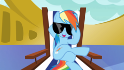Size: 1920x1080 | Tagged: safe, screencap, character:rainbow dash, episode:every little thing she does, g4, my little pony: friendship is magic, chillaxing, crossed legs, cutie mark, female, reclining, roof, solo, sunglasses