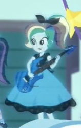 Size: 231x365 | Tagged: safe, screencap, character:rainbow dash, equestria girls:rollercoaster of friendship, g4, my little pony:equestria girls, 1950s, 1950s fashion, 50's fashion, alternate hairstyle, clothing, cropped, dress, hologram, makeup, rainbow dash always dresses in style