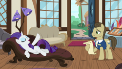 Size: 1280x720 | Tagged: safe, screencap, character:davenport, character:rarity, species:pony, species:unicorn, episode:it isn't the mane thing about you, g4, my little pony: friendship is magic, fainting couch, female, lamp, mare, quills and sofas, reclining, scroll
