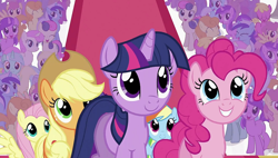 Size: 1280x726 | Tagged: safe, screencap, character:amethyst star, character:applejack, character:bon bon, character:carrot top, character:cherry berry, character:derpy hooves, character:dizzy twister, character:fluttershy, character:golden harvest, character:linky, character:lyra heartstrings, character:minuette, character:orange swirl, character:pinkie pie, character:rainbow dash, character:shoeshine, character:sparkler, character:sweetie drops, character:twilight sparkle, character:twilight sparkle (unicorn), character:twinkleshine, species:earth pony, species:pegasus, species:pony, species:unicorn, episode:the return of harmony, g4, my little pony: friendship is magic, adorabon, amused, background pony, background pony audience, bon bon is amused, canterlot castle, crowd, cute, female, happy, mare, smiling